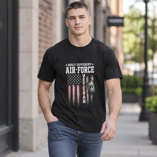 Built Different Air Force Veteran Tee worn by a model