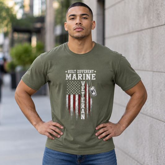 Built Different Marine Corps Veteran Tee worn by a model
