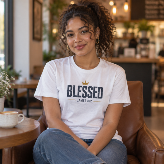 Blessed (James 1:12) Tee worn by a model