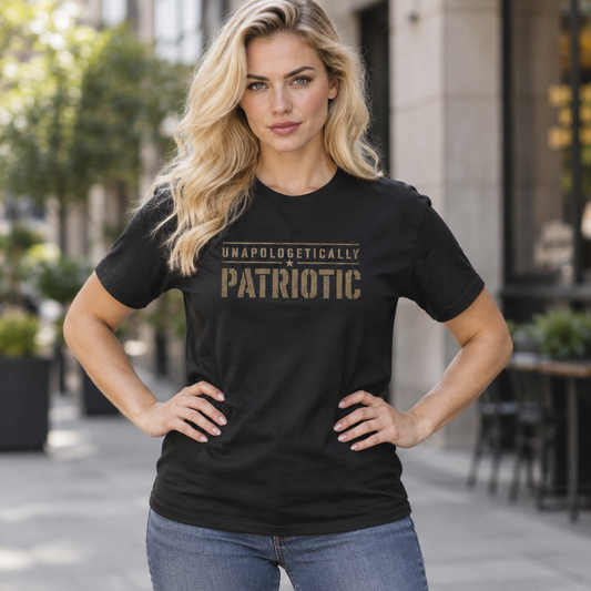Unapologetically Patriotic Tee worn by a model