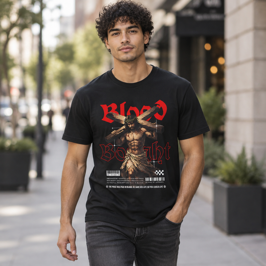 Blood Bought Tee worn by a model
