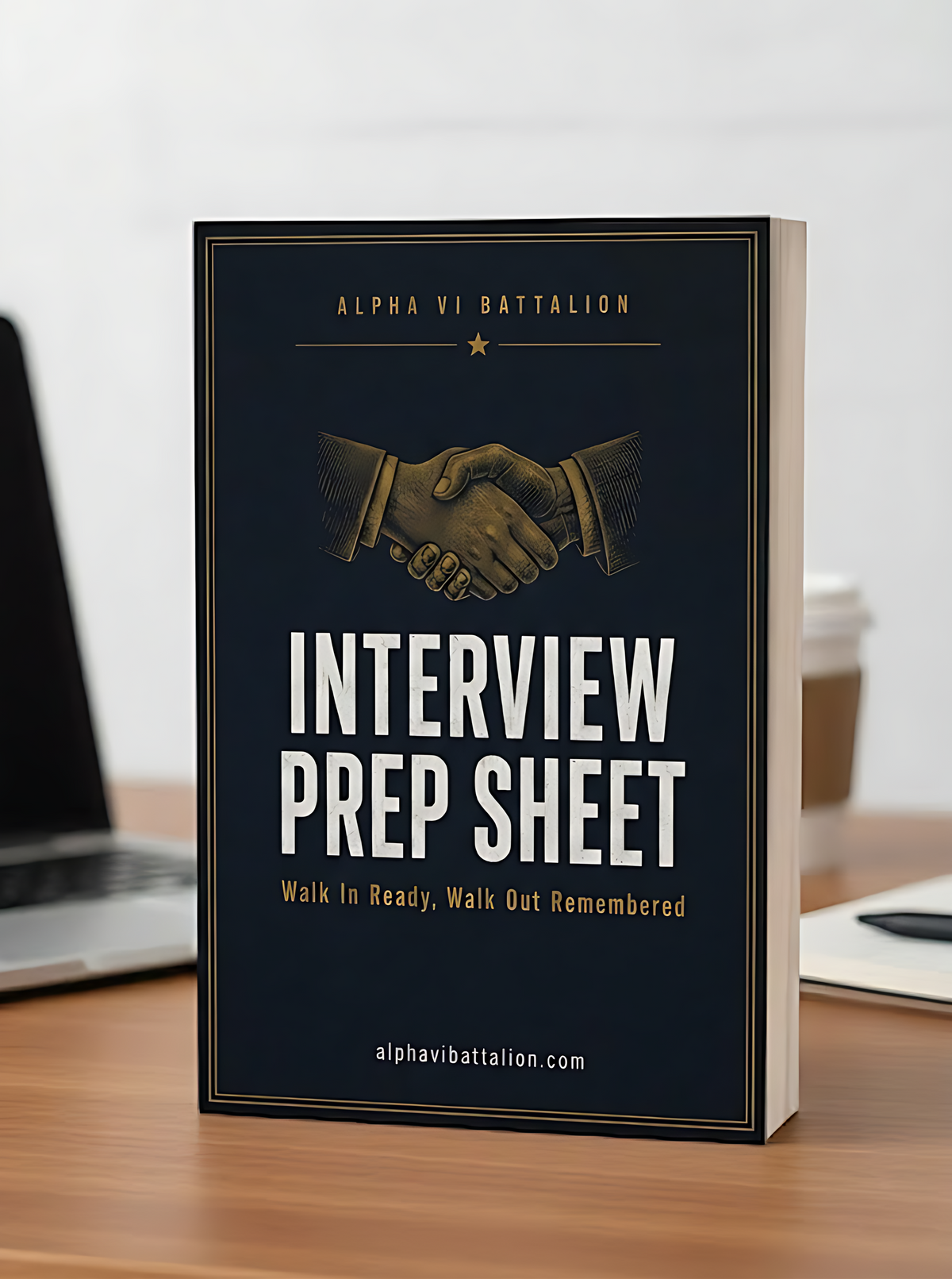 The Interview Prep Sheet cover mockup, free fillable veteran interview prep PDF, Alpha VI Battalion