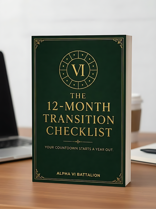 The 12-Month Transition Checklist cover mockup, free fillable separation timeline PDF, Alpha VI Battalion