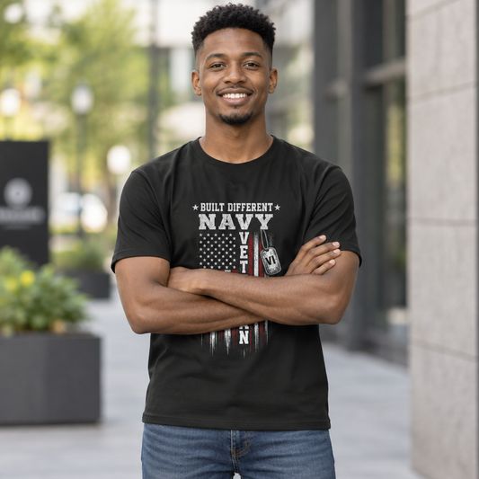 Built Different Navy Veteran Tee worn by a model