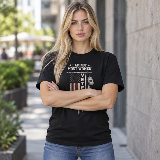 I Am Not Most Women Veteran Tee worn by a model
