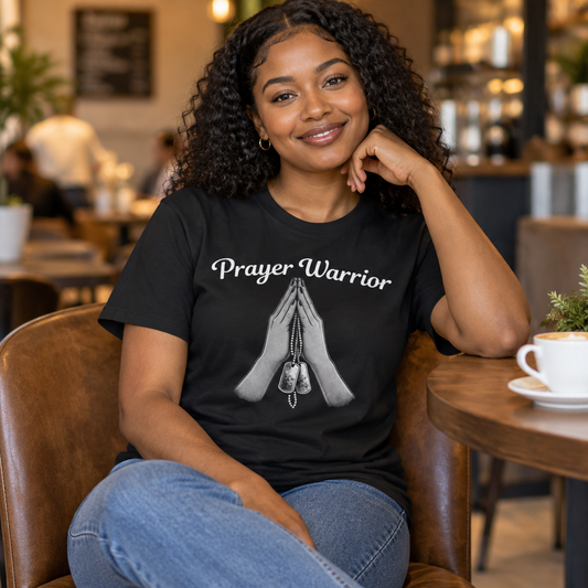 Prayer Warrior Tee Female Version worn by a model