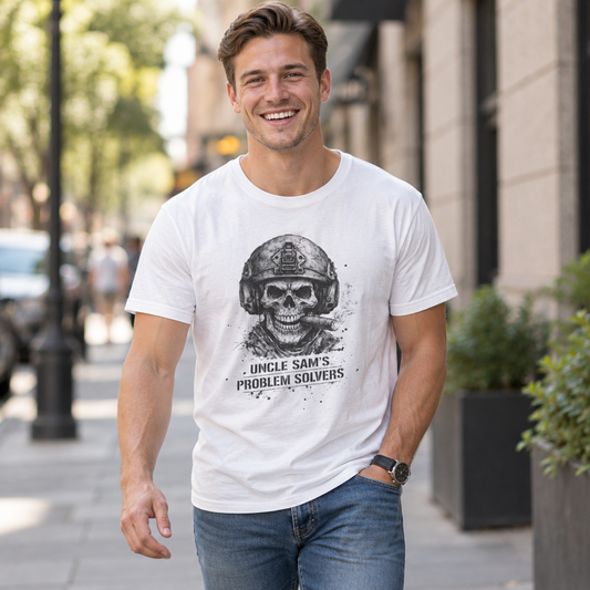Uncle Sam's Problem Solvers Tee worn by a model