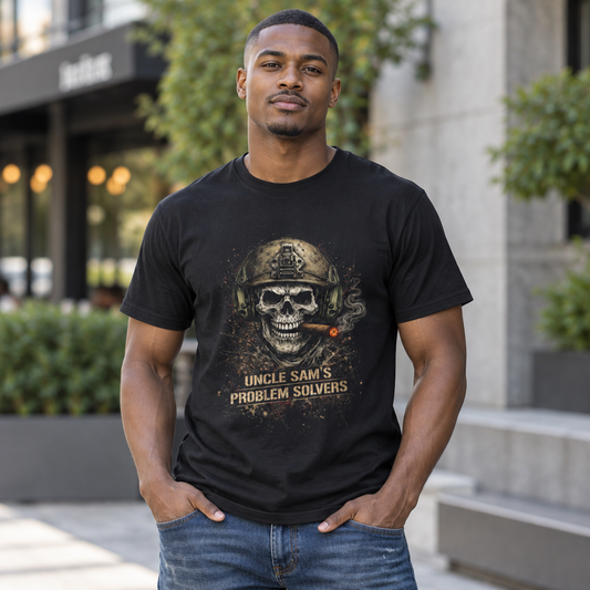 Uncle Sam's Problem Solvers Tee black worn by a model