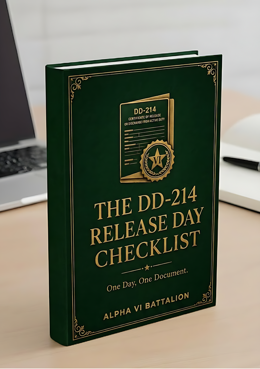 The DD-214 Release Day Checklist cover mockup, free fillable PDF for separation day, Alpha VI Battalion