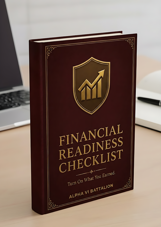 The Financial Readiness Checklist cover mockup, free fillable separation money PDF, Alpha VI Battalion