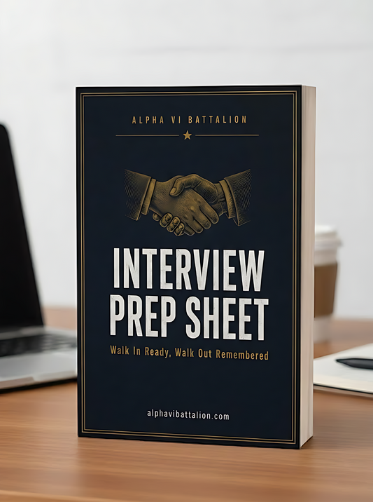 The Interview Prep Sheet cover mockup, free fillable veteran interview prep PDF, Alpha VI Battalion
